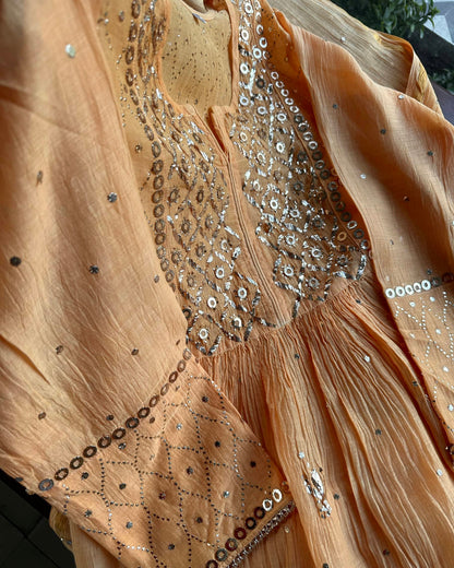 Coral Peach Mukaish Mul Chanderi Silk Dress