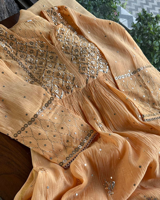 Coral Peach Mukaish Mul Chanderi Silk Dress