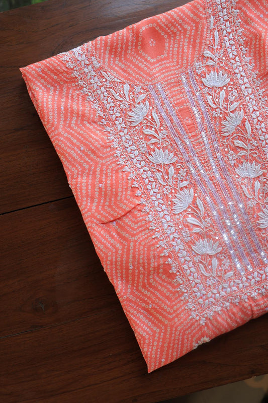 Coral Peach Muslin Chikankari Kurta Fabric