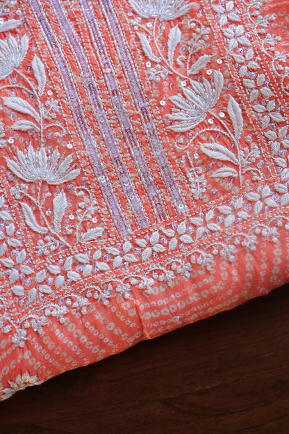 Coral Peach Muslin Chikankari Kurta Fabric