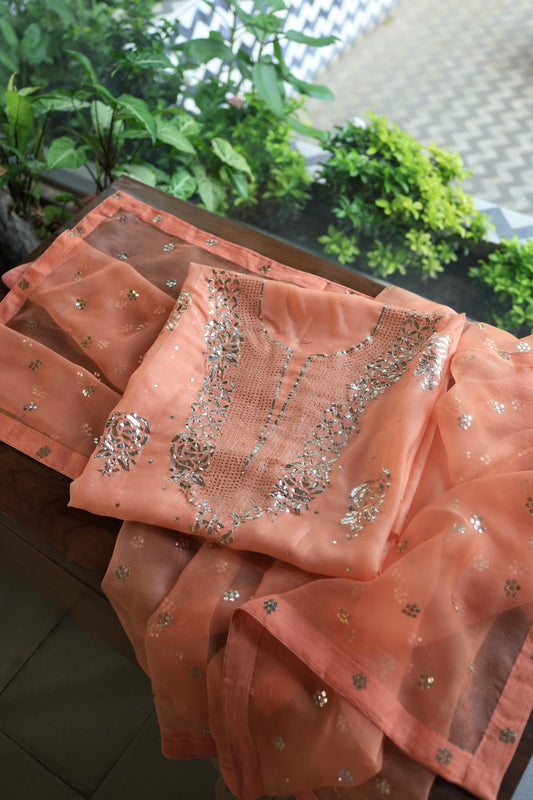 Coral Peach Noor Organza Silk Mukaish Badla Unstitched Kurta Dupatta Set