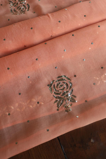 Coral Peach Noor Organza Silk Mukaish Badla Unstitched Kurta Dupatta Set