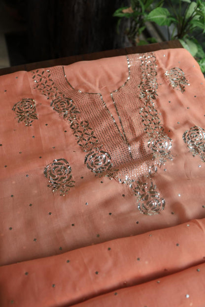 Coral Peach Noor Organza Silk Mukaish Badla Unstitched Kurta Dupatta Set