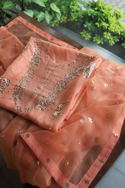 Coral Peach Noor Organza Silk Mukaish Badla Unstitched Kurta Dupatta Set