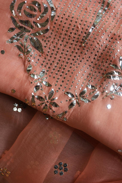 Coral Peach Noor Organza Silk Mukaish Badla Unstitched Kurta Dupatta Set