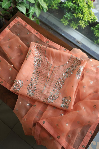 Coral Peach Noor Organza Silk Mukaish Badla Unstitched Kurta Dupatta Set