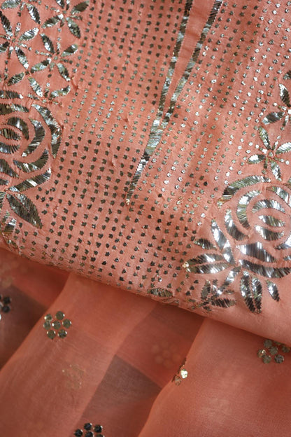 Coral Peach Noor Organza Silk Mukaish Badla Unstitched Kurta Dupatta Set