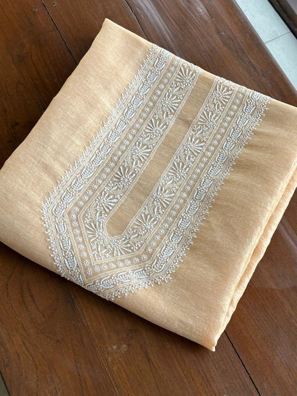 Coral Peach Shade Linen Chikankari Unstitched Men's Kurtas Fabric