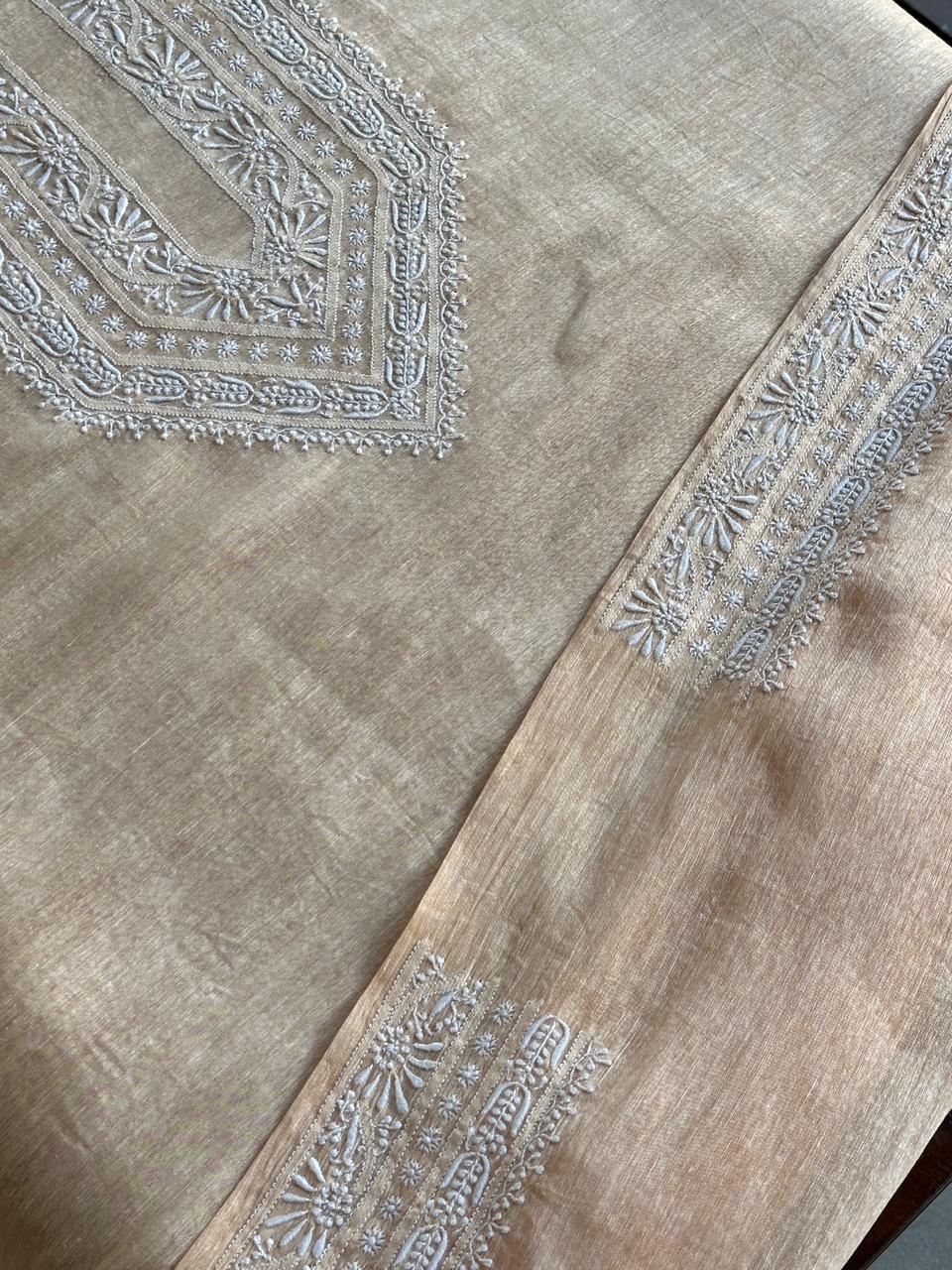 Coral Peach Shade Linen Chikankari Unstitched Men's Kurtas Fabric