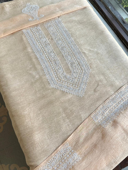 Coral Peach Shade Linen Chikankari Unstitched Men's Kurtas Fabric