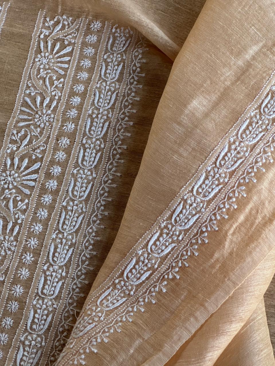 Coral Peach Shade Linen Chikankari Unstitched Men's Kurtas Fabric