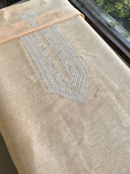 Coral Peach Shade Linen Chikankari Unstitched Men's Kurtas Fabric