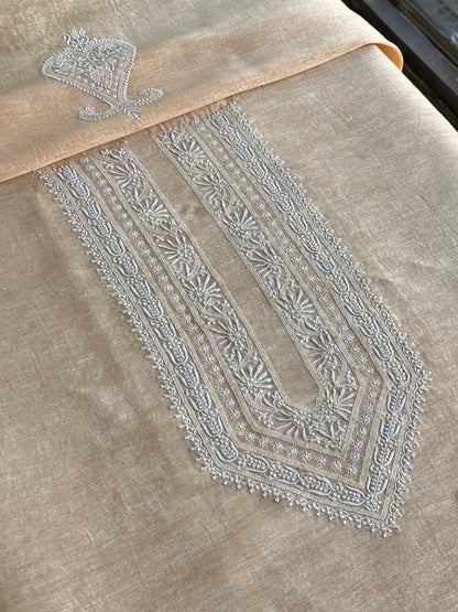 Coral Peach Shade Linen Chikankari Unstitched Men's Kurtas Fabric