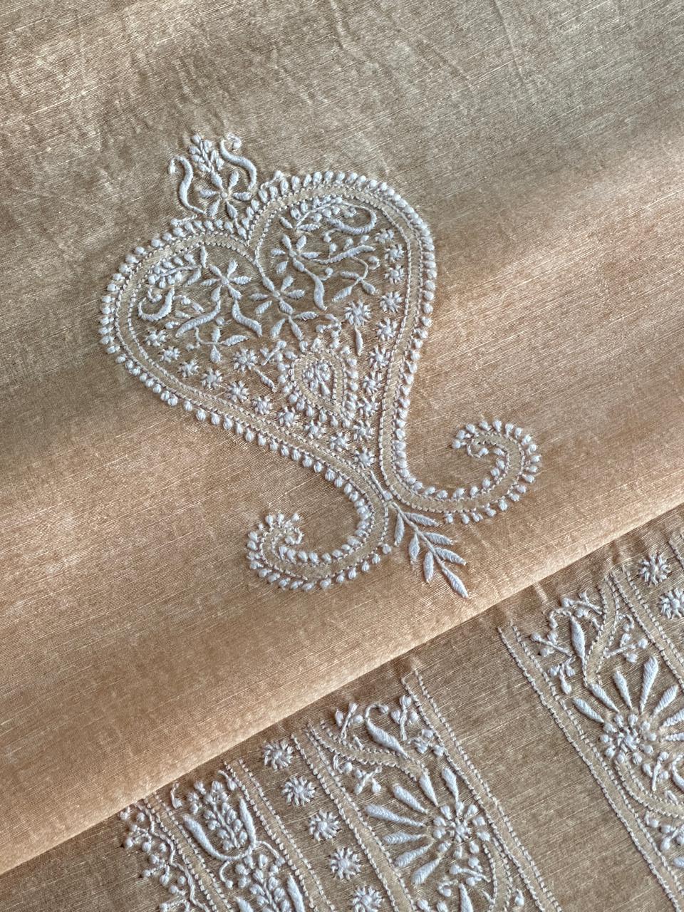 Coral Peach Shade Linen Chikankari Unstitched Men's Kurtas Fabric