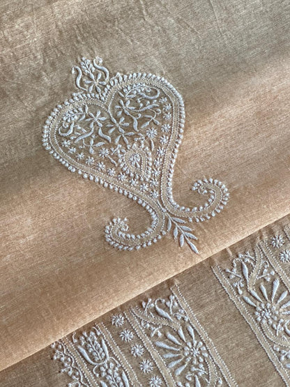 Coral Peach Shade Linen Chikankari Unstitched Men's Kurtas Fabric