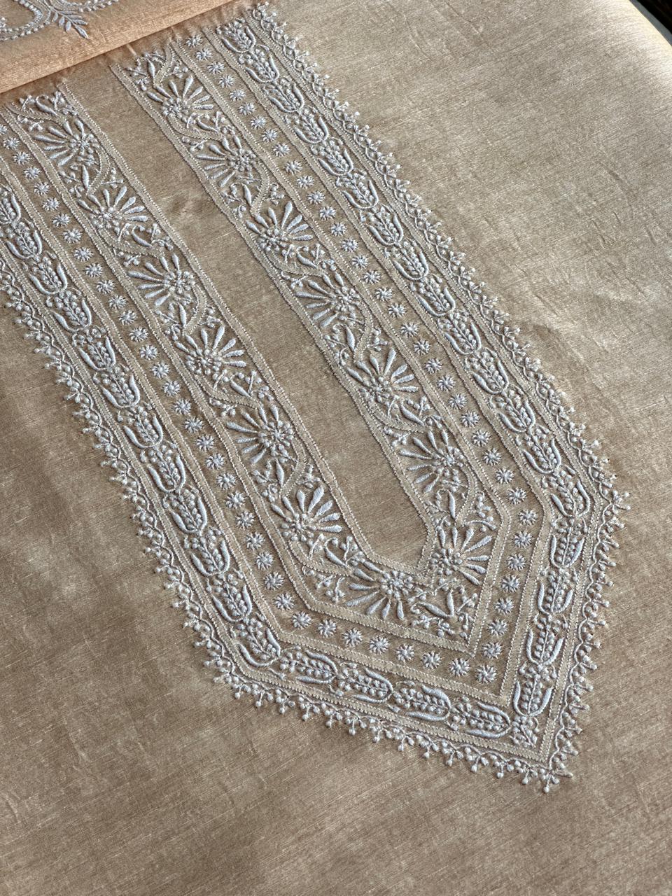 Coral Peach Shade Linen Chikankari Unstitched Men's Kurtas Fabric