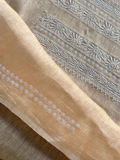 Coral Peach Shade Linen Chikankari Unstitched Men's Kurtas Fabric