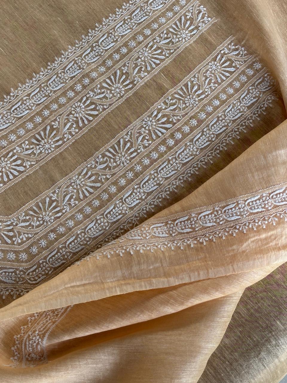 Coral Peach Shade Linen Chikankari Unstitched Men's Kurtas Fabric