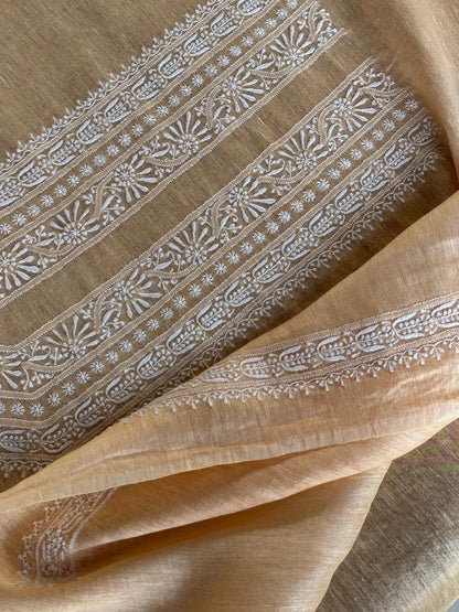 Coral Peach Shade Linen Chikankari Unstitched Men's Kurtas Fabric