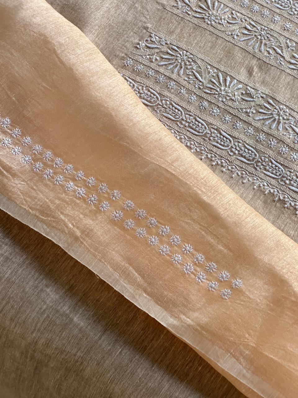 Coral Peach Shade Linen Chikankari Unstitched Men's Kurtas Fabric