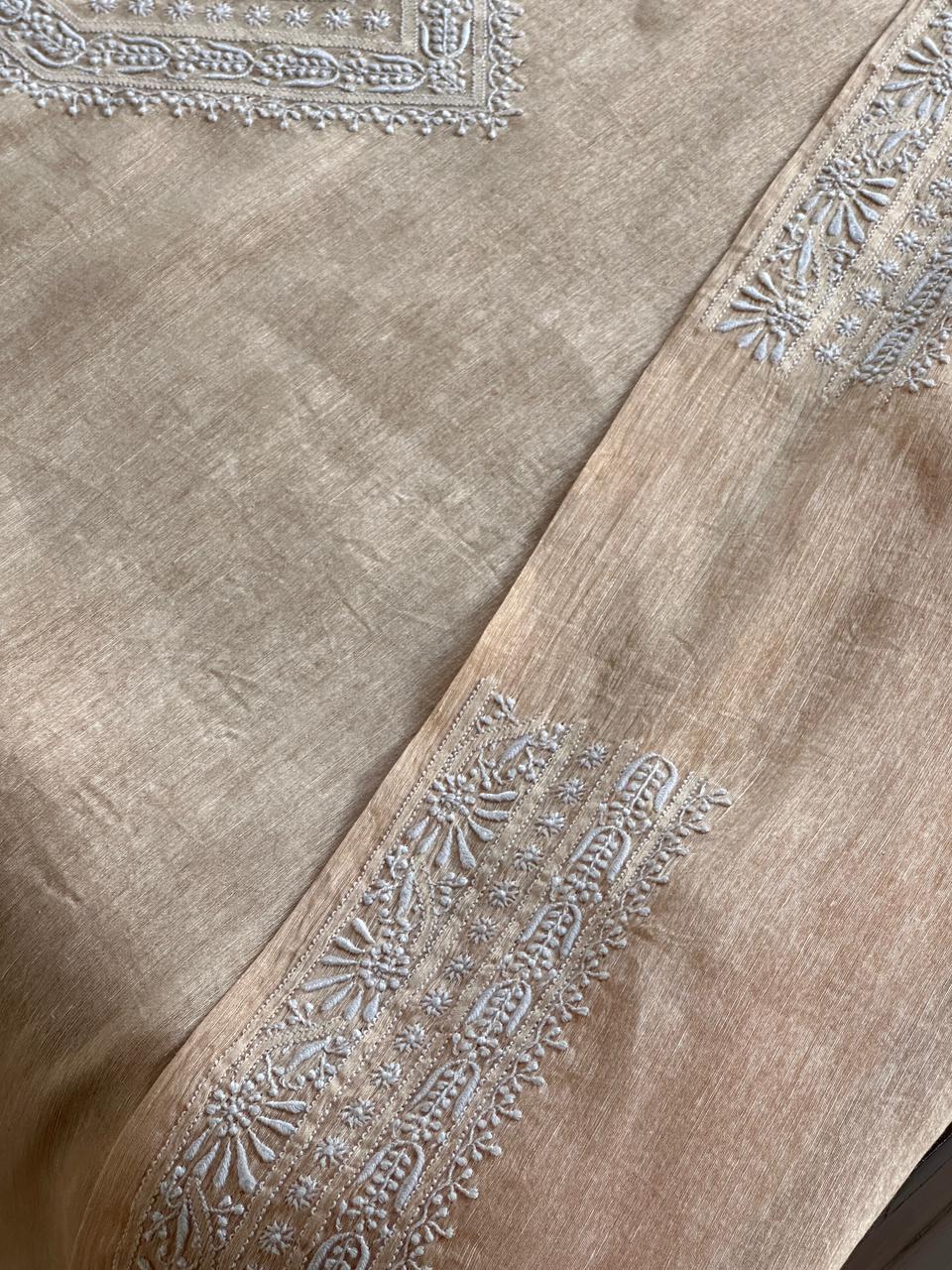 Coral Peach Shade Linen Chikankari Unstitched Men's Kurtas Fabric