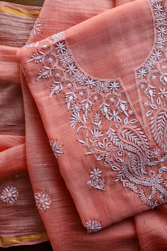 Coral Peach Shade Mal Cotton Fine Chikankari Unstitched Fabric