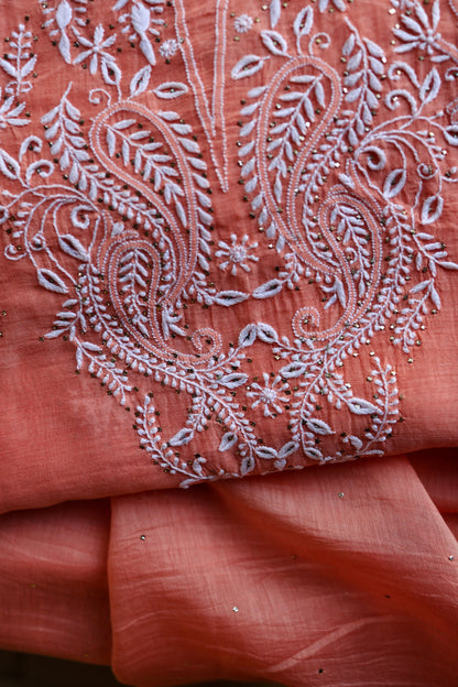 Coral Peach Shade Mal Cotton Fine Chikankari Unstitched Fabric