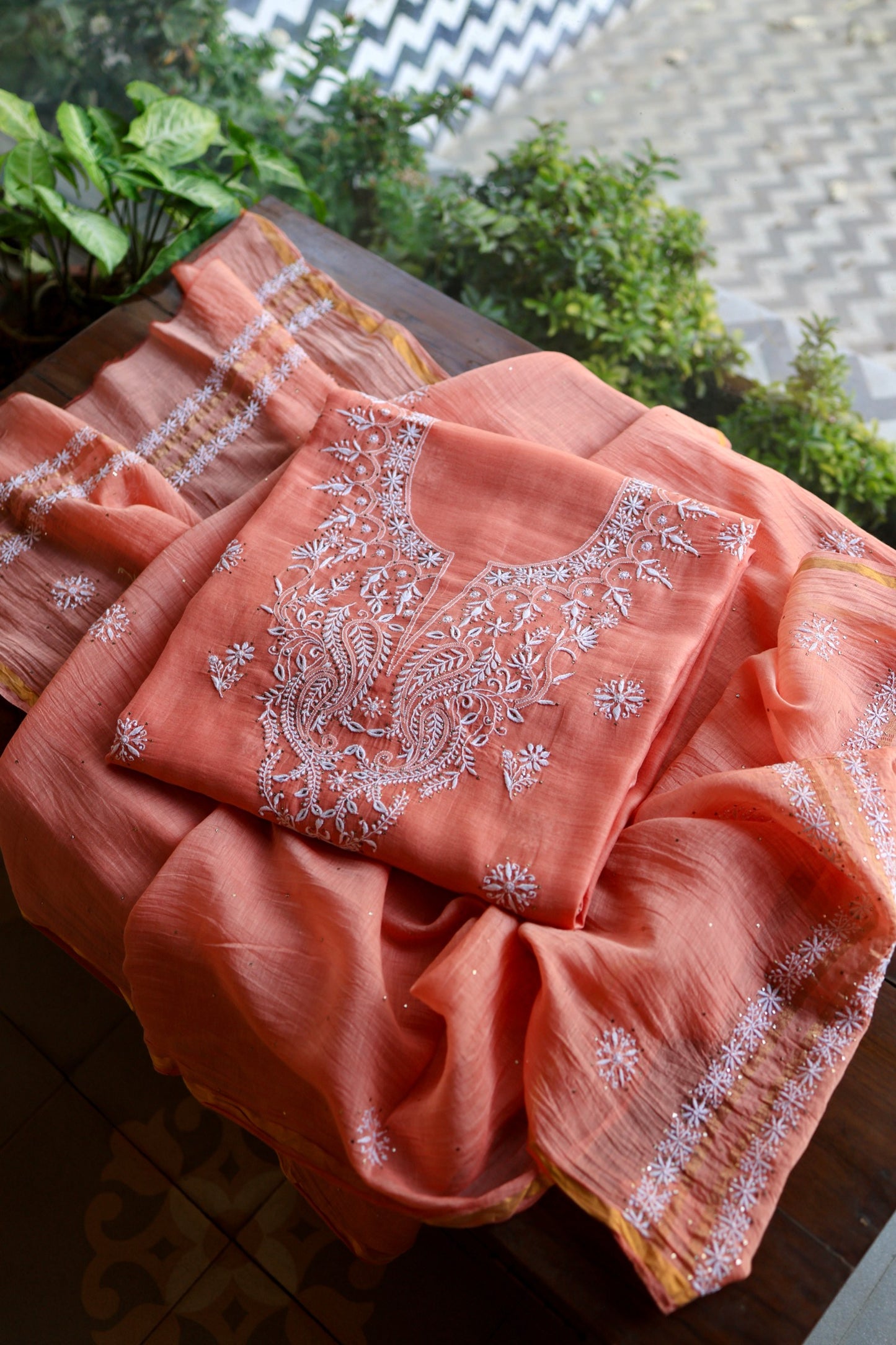 Coral Peach Shade Mal Cotton Fine Chikankari Unstitched Fabric