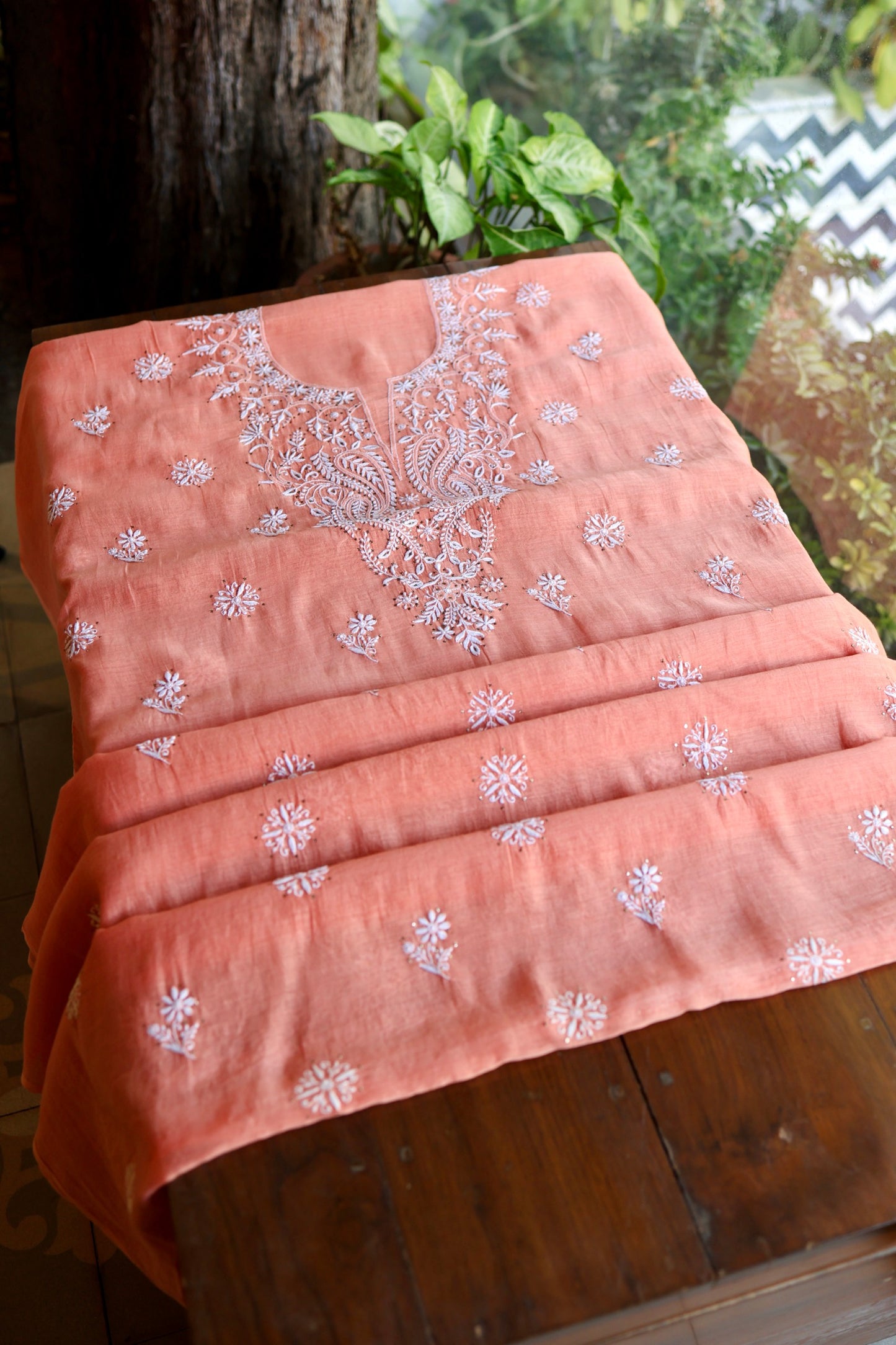 Coral Peach Shade Mal Cotton Fine Chikankari Unstitched Fabric