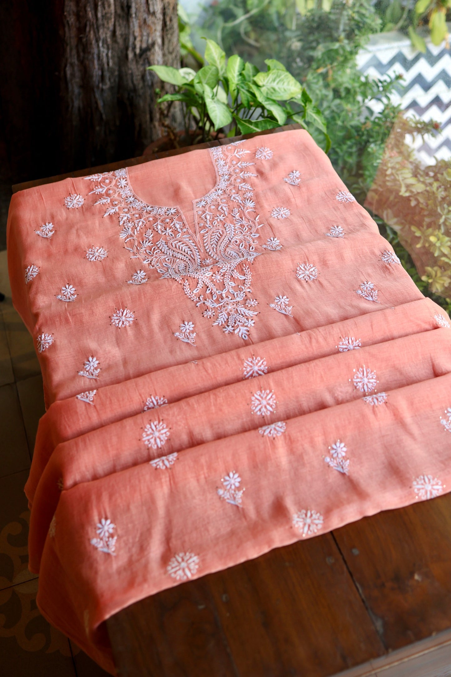 Coral Peach Shade Mal Cotton Fine Chikankari Unstitched Fabric