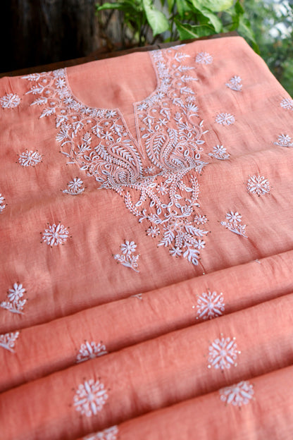 Coral Peach Shade Mal Cotton Fine Chikankari Unstitched Fabric