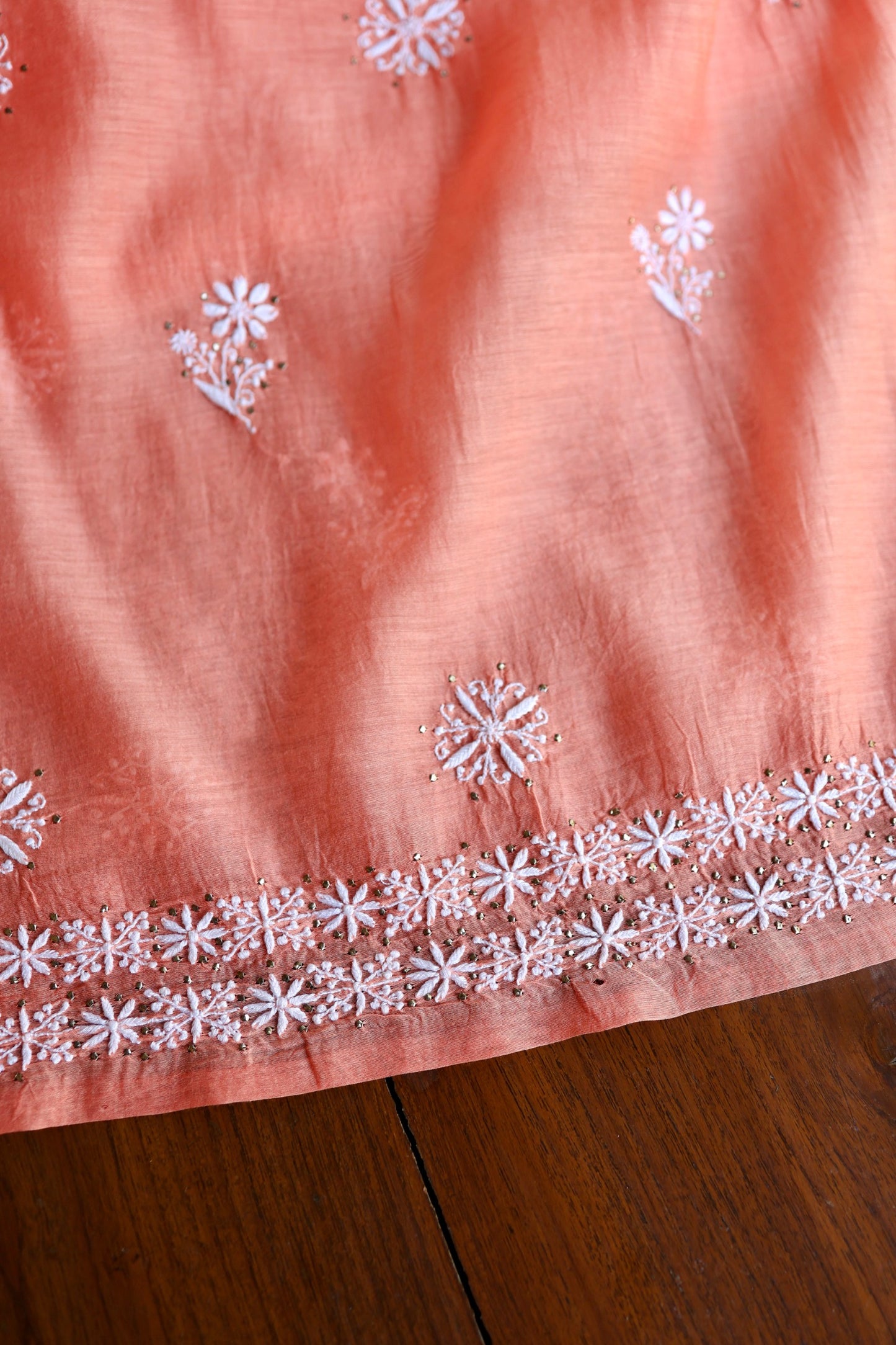 Coral Peach Shade Mal Cotton Fine Chikankari Unstitched Fabric