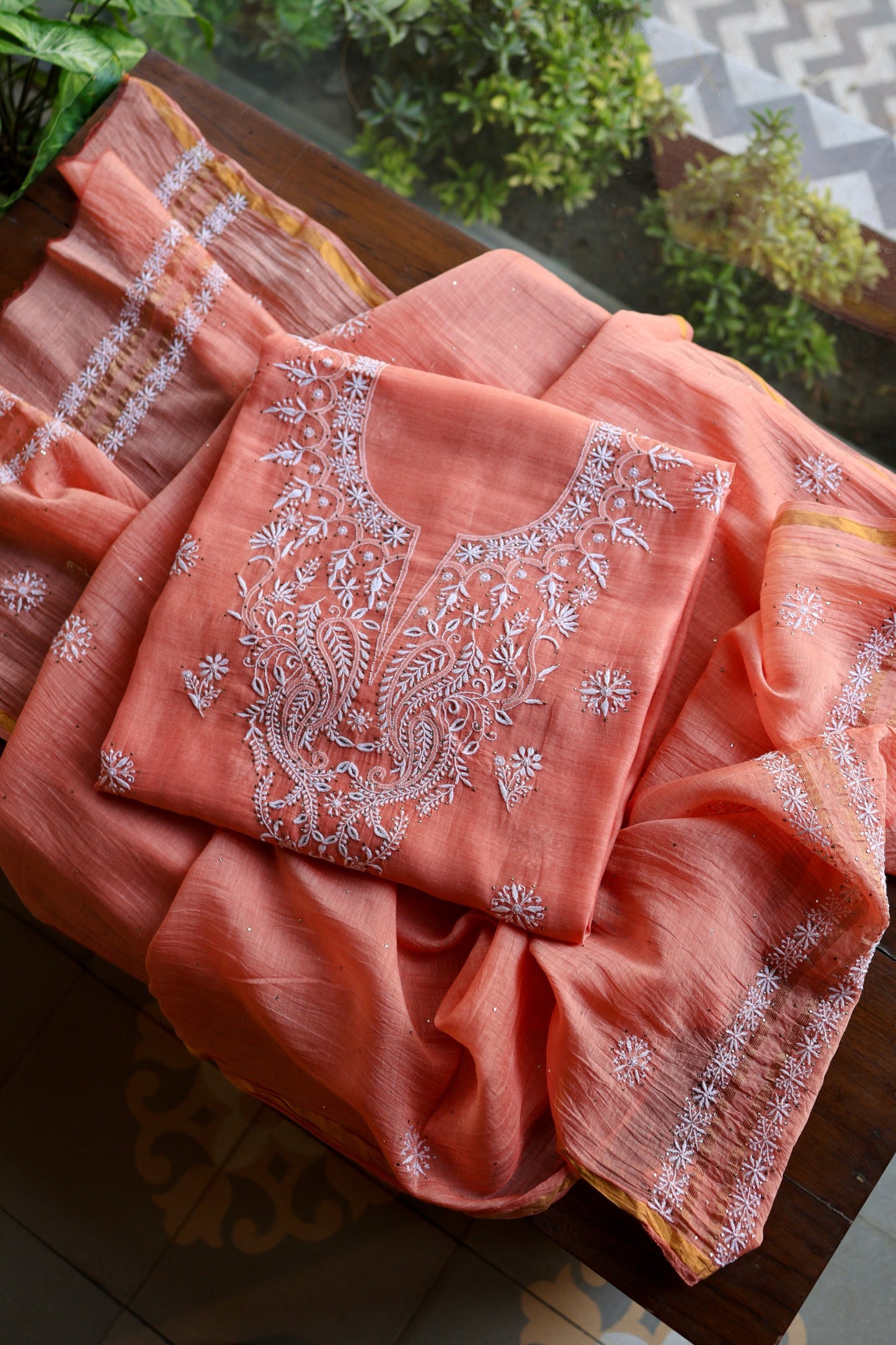 Coral Peach Shade Mal Cotton Fine Chikankari Unstitched Fabric