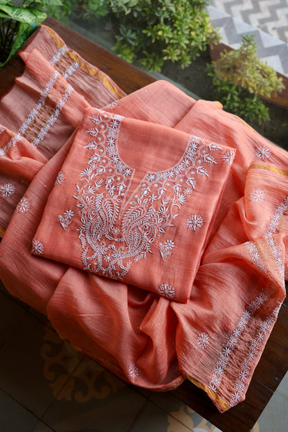 Coral Peach Shade Mal Cotton Fine Chikankari Unstitched Fabric