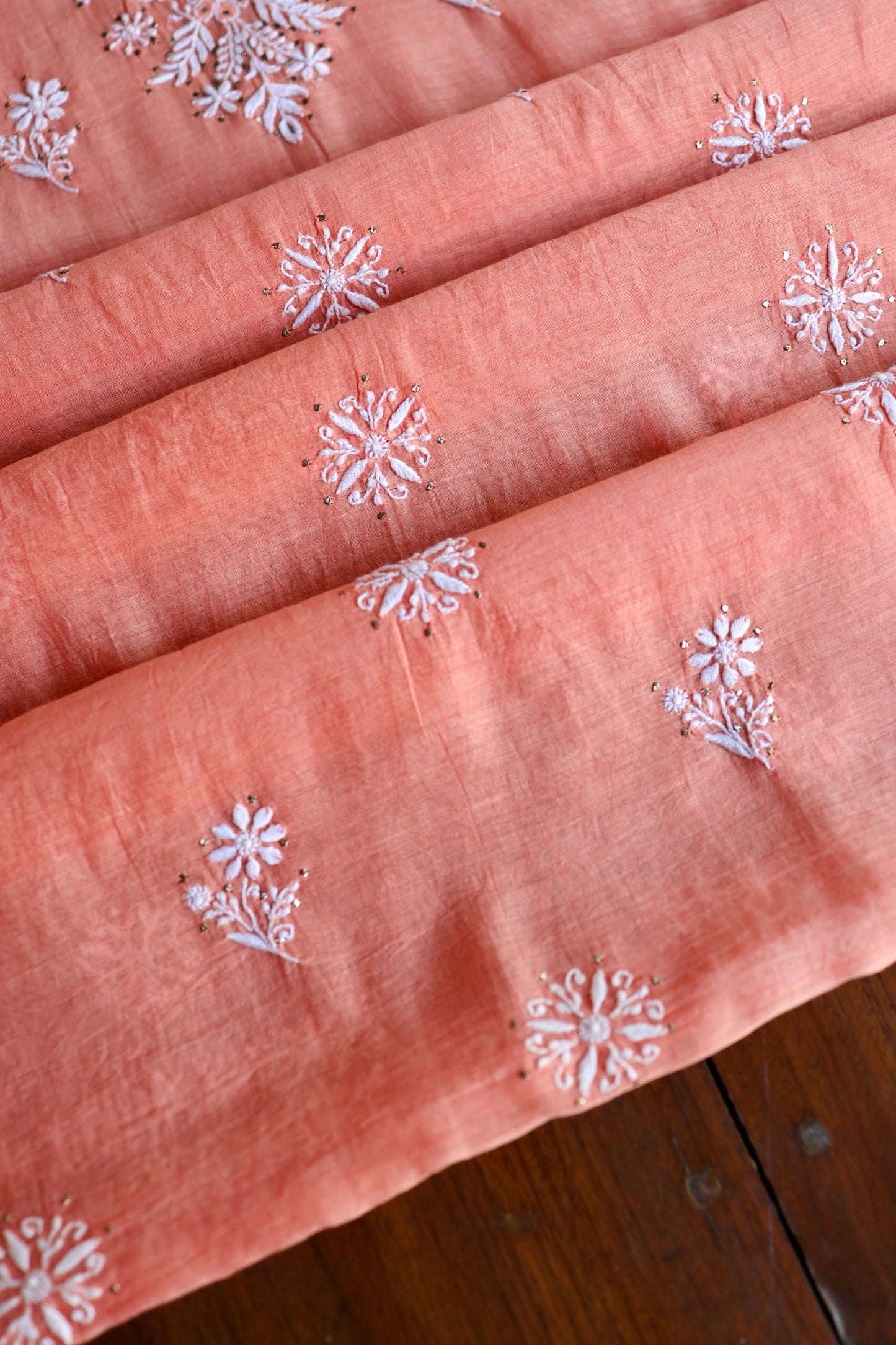 Coral Peach Shade Mal Cotton Fine Chikankari Unstitched Fabric