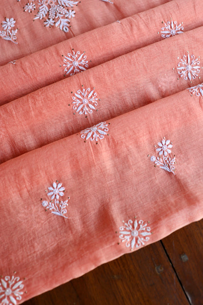 Coral Peach Shade Mal Cotton Fine Chikankari Unstitched Fabric