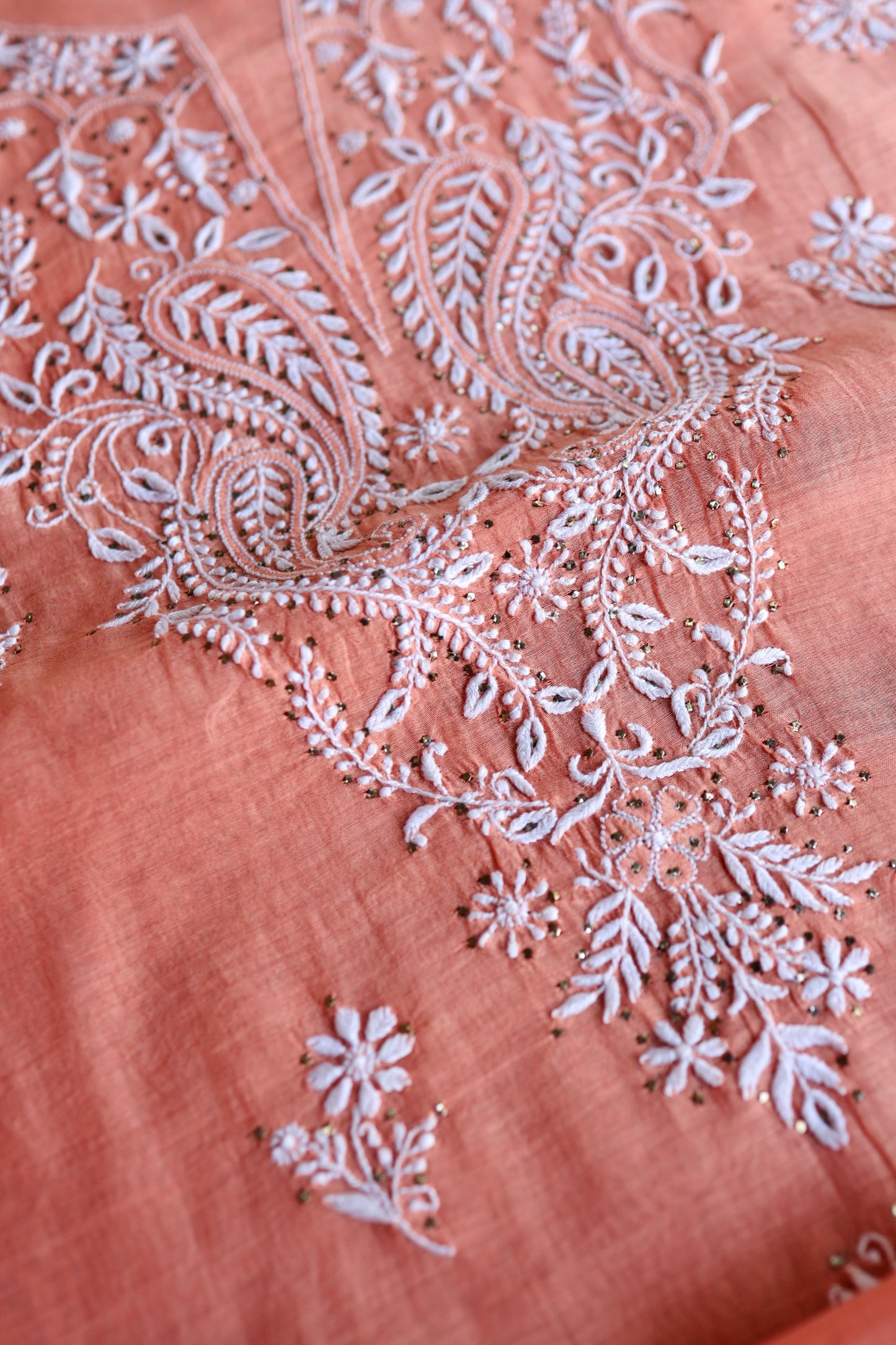 Coral Peach Shade Mal Cotton Fine Chikankari Unstitched Fabric