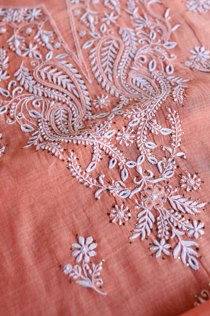 Coral Peach Shade Mal Cotton Fine Chikankari Unstitched Fabric