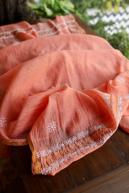 Coral Peach Shade Mal Cotton Fine Chikankari Unstitched Fabric