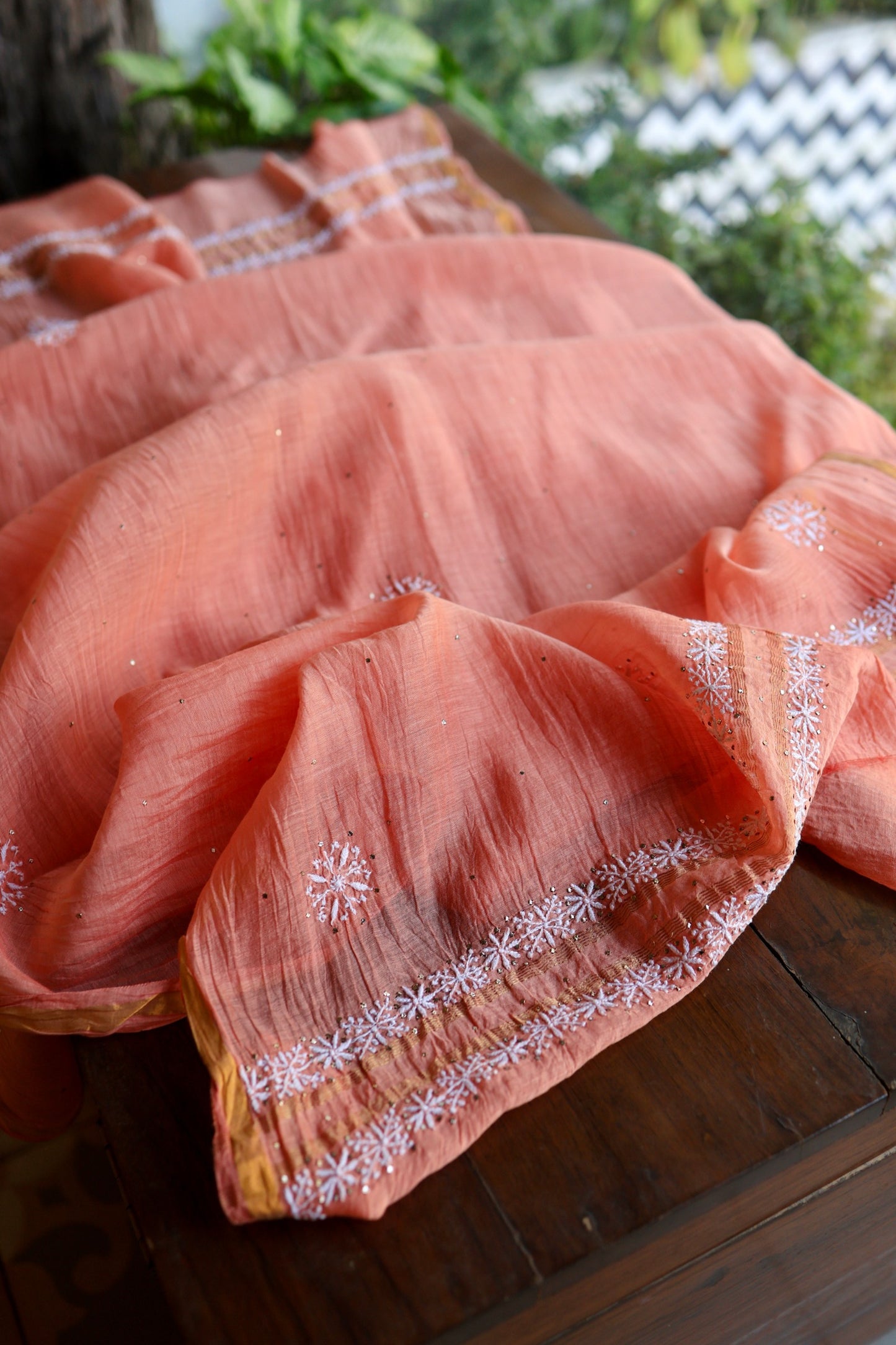 Coral Peach Shade Mal Cotton Fine Chikankari Unstitched Fabric