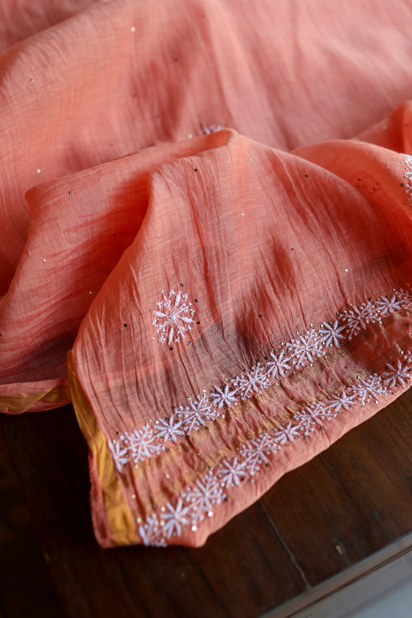Coral Peach Shade Mal Cotton Fine Chikankari Unstitched Fabric