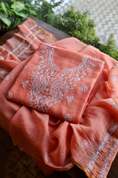 Coral Peach Shade Mal Cotton Fine Chikankari Unstitched Fabric