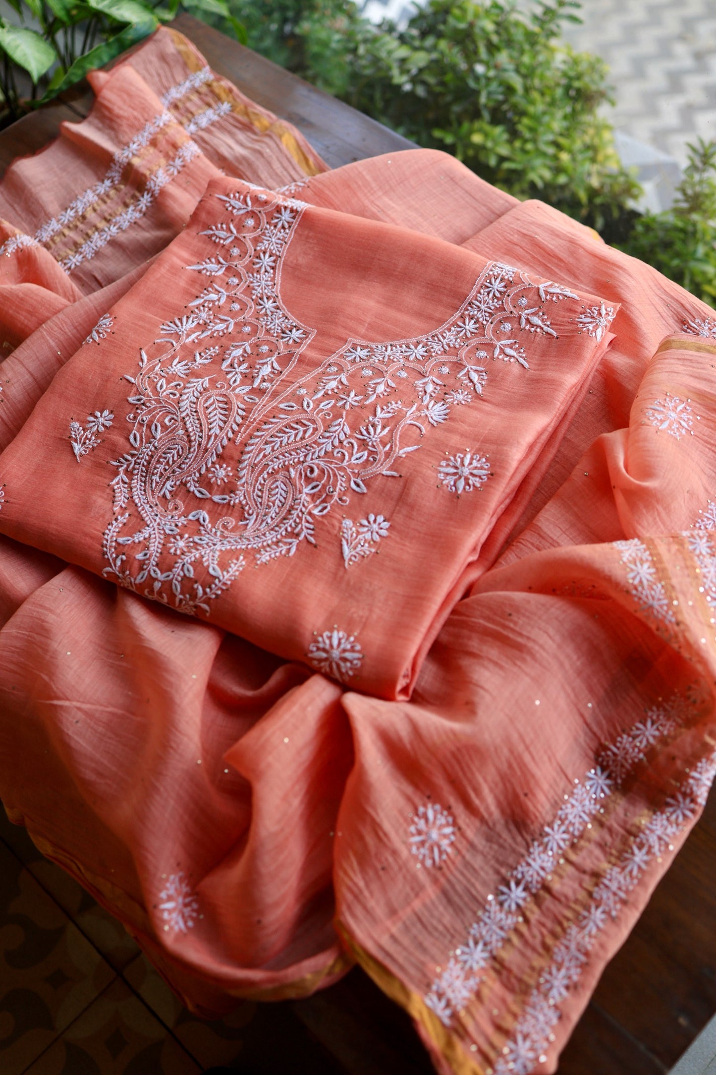 Coral Peach Shade Mal Cotton Fine Chikankari Unstitched Fabric