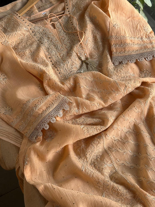 Coral Peach Shade Mul Chanderi Mukaish Kamdani Chikankari Stitched Kurta Dupatta Set