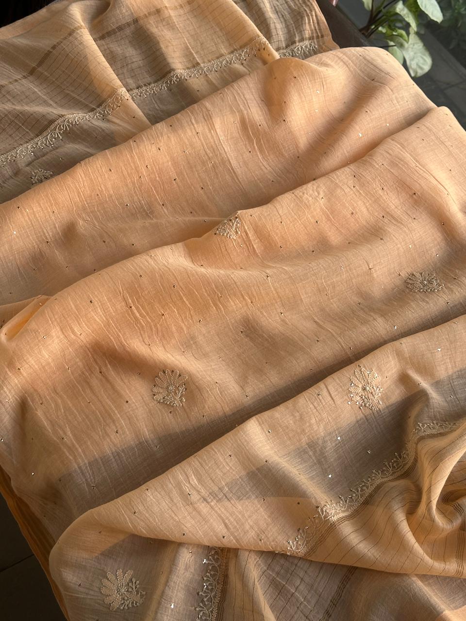 Coral Peach Shade Mul Chanderi Mukaish Kamdani Chikankari Stitched Kurta Dupatta Set