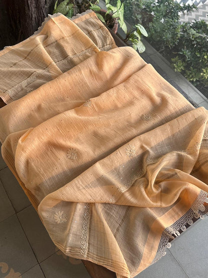 Coral Peach Shade Mul Chanderi Mukaish Kamdani Chikankari Stitched Kurta Dupatta Set