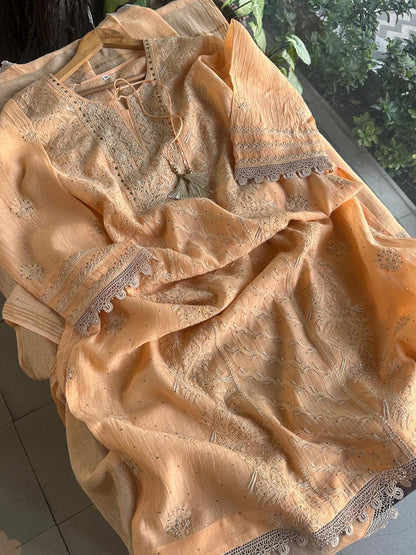 Coral Peach Shade Mul Chanderi Mukaish Kamdani Chikankari Stitched Kurta Dupatta Set