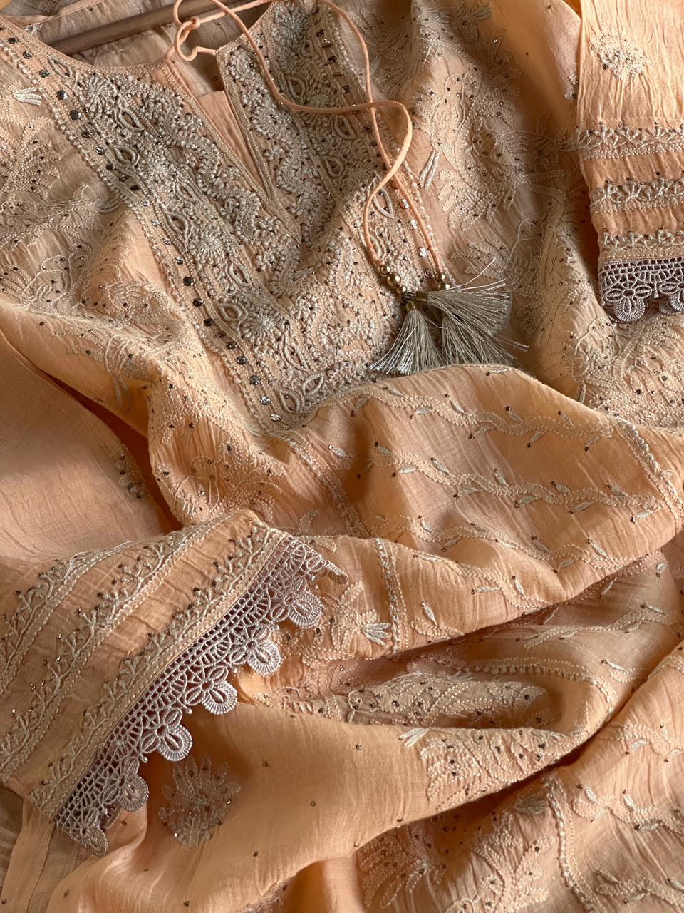 Coral Peach Shade Mul Chanderi Mukaish Kamdani Chikankari Stitched Kurta Dupatta Set