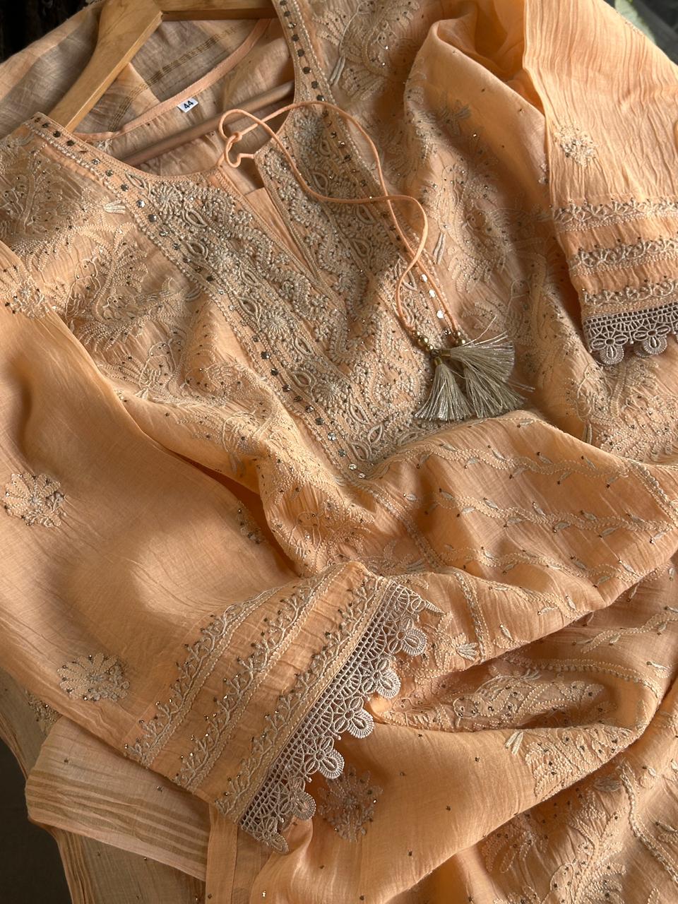 Coral Peach Shade Mul Chanderi Mukaish Kamdani Chikankari Stitched Kurta Dupatta Set