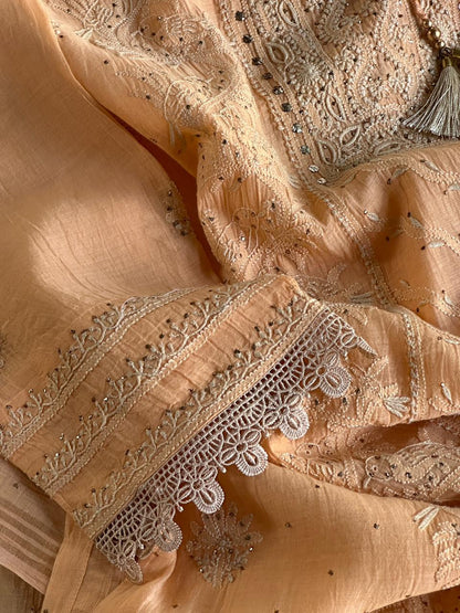 Coral Peach Shade Mul Chanderi Mukaish Kamdani Chikankari Stitched Kurta Dupatta Set
